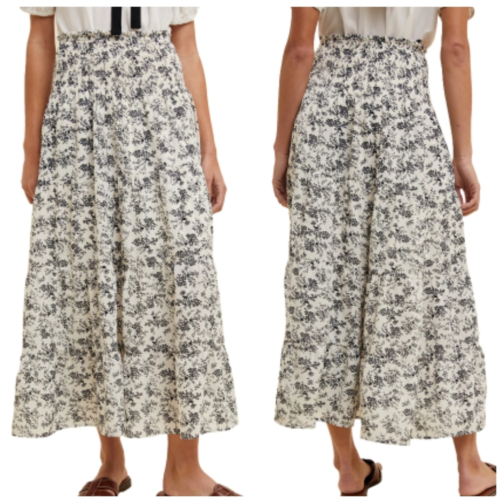 Women's Floral Tiered Slit Midi Skirt